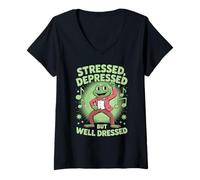 Femme Stressed Depressed But Well Dressed Funny Frog Adult Humor T-Shirt avec Col en V