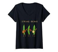 Femme String Beans, musique végétale amusante, jeu de mots, dessin animé T-Shirt avec Col en V
