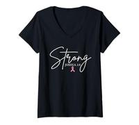 Femme Strong Joshua 1:9 Sensibilisation au Cancer du Sein Foi chrétienne T-Shirt avec Col en V