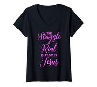 Femme Struggle is Real Jesus Chrétienne Verse de la Bible Prière Rose T-Shirt avec Col en V