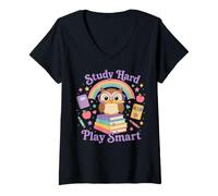Femme Study Hard Play Smart Owl Back to School Student T-Shirt avec Col en V