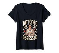 Femme Style Femme tatouée et obsédée par Les Chats T-Shirt avec Col en V