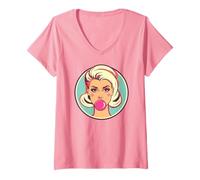 Femme Style rétro Bubblegum Babe Blonde Pin-Up Style Pop Art T-Shirt avec Col en V