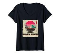 Femme Style rétro Tokyo Japon Ramen Great Wave années 80 T-Shirt avec Col en V