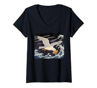 Femme Style Sandwich Mouette Vague de l'océan T-Shirt avec Col en V
