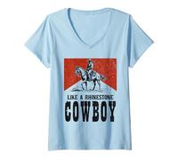 Femme Style Western Country Style Vintage Cowboy avec Strass sur Le Dos du Cheval T-Shirt avec Col en V