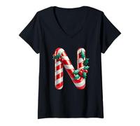 Femme Sucre d'orge de Noël Lettre N Baies de Houx T-Shirt avec Col en V