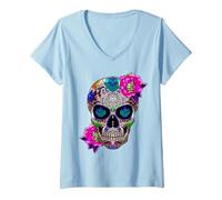 Femme Sugar Skull Fleurs Jour des Morts Dia de Los Muertos Cadeau T-Shirt avec Col en V, Bleu Céleste, S