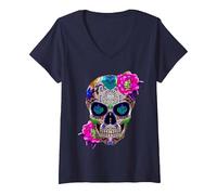 Femme Sugar Skull Fleurs Jour des Morts Dia de Los Muertos Cadeau T-Shirt avec Col en V, Bleu Marine, XXL