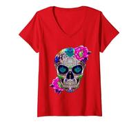 Femme Sugar Skull Fleurs Jour des Morts Dia de Los Muertos Cadeau T-Shirt avec Col en V, Rouge, XL