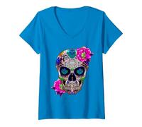 Femme Sugar Skull Fleurs Jour des Morts Dia de Los Muertos Cadeau T-Shirt avec Col en V, Saphir, L