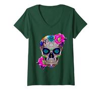 Femme Sugar Skull Fleurs Jour des Morts Dia de Los Muertos Cadeau T-Shirt avec Col en V, Vert Forêt, S