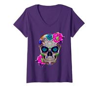 Femme Sugar Skull Fleurs Jour des Morts Dia de Los Muertos Cadeau T-Shirt avec Col en V, Violet, XXL