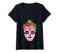 Femme Sugar Skulls Crâne Squelette Traditionnel Jour des Morts T-Shirt avec Col en V