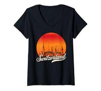 Femme Suisse Coucher Soleil Vintage T-Shirt avec Col en V