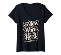 Femme Suivez la Parole, Pas Le Troupeau, Verset biblique de la Vache chrétienne T-Shirt avec Col en V