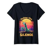 Femme Suivez The Silence Praying Mantis au Coucher du Soleil T-Shirt avec Col en V