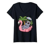 Femme Summer Beach Pool Party Hippo Gonflable Flamingo Hawaïen T-Shirt avec Col en V