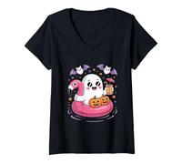 Femme Summer Ghost Watercolor mignon fantôme avec flamant T-Shirt avec Col en V