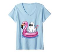 Femme Summer Ghost with Flamingo Pool Party T-Shirt avec Col en V