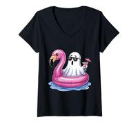 Femme Summer Ghost with Flamingo Pool Party T-Shirt avec Col en V