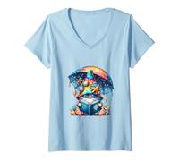 Femme Summer GNOME for Teacher Reading Books Under Sun Parasol T-Shirt avec Col en V