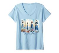 Femme Summer Ocean Beach Phare Vacances Voyage Nouvelle-Angleterre T-Shirt avec Col en V