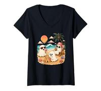 Femme Summerween Ghost Beach Cute Ghosts Summer Halloween T-Shirt avec Col en V