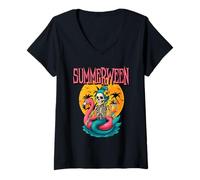 Femme Summerween Skeleton Mermaid Flamingo Floatie Halloween Beach T-Shirt avec Col en V