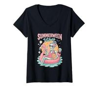 Femme Summerween Vibes Piscine squelette flamant rose T-Shirt avec Col en V