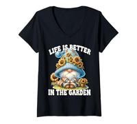 Femme Sunflower GNOME Dad for Mom Life is Better in The Garden T-Shirt avec Col en V