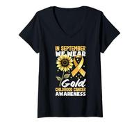 Femme Sunflower Wear Ruban de Sensibilisation au Cancer de l'enfance Doré T-Shirt avec Col en V
