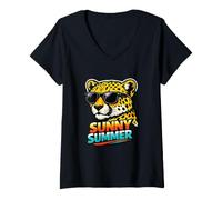 Femme Sunny Summer Guépard avec Lunettes de Soleil T-Shirt avec Col en V