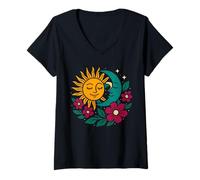 Femme Sunny Summer Solstice Lune et Soleil pour Hommes & Femmes Fleurs T-Shirt avec Col en V
