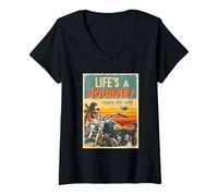 Femme Sunset Biker Lifes A Journey Enjoy The Ride Moto Lover T-Shirt avec Col en V