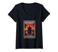 Femme Sunset Detroit Michigan Sunrise Dusk Aube Voyage Art Graphic T-Shirt avec Col en V