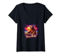 Femme Sunset DJ Bear Tropical Music Vibes T-Shirt avec Col en V