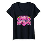 Femme Super Glam-ma Superhero Grandmother Bande dessinée Humoristique T-Shirt avec Col en V