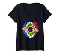 Femme Super Héros Brésilien Français Drapeau Brésil France T-Shirt avec Col en V