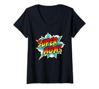 Femme Super Mom Bande dessinée Super-héros fête des mères drôle T-Shirt avec Col en V