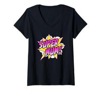 Femme Super Mum Bande dessinée Super Héros Fête des Mères T-Shirt avec Col en V