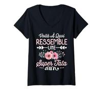 Femme Super Tata Humour Idée Cadeau avec Fleurs pour Tante Tatie T-Shirt avec Col en V