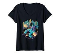 Femme Superbe astronaute avec motif Techno 80 cravates T-Shirt avec Col en V