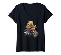 Femme Superbe balade sauvage avec ce motif d'ours motard T-Shirt avec Col en V