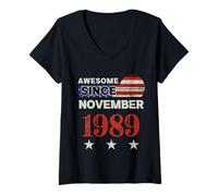 Femme Superbe Drapeau américain Vintage Depuis 1989 Novembre 1989 T-Shirt avec Col en V