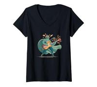 Femme Superbe héros Rock avec Guitare électrique et Cape T-Shirt avec Col en V