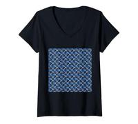 Femme Superbe Motif Abstrait courbé Bleu Gris années 80 T-Shirt avec Col en V