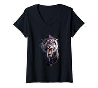 Femme Superbe Motif Tigre Barbare. T-Shirt avec Col en V