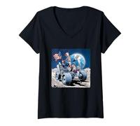 Femme Superbe Oncle Sam sur la Lune avec véhicule Cool T-Shirt avec Col en V