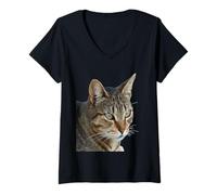 Femme Superbe Vecteur de Portrait de Chat tigré en Gros Plan T-Shirt avec Col en V